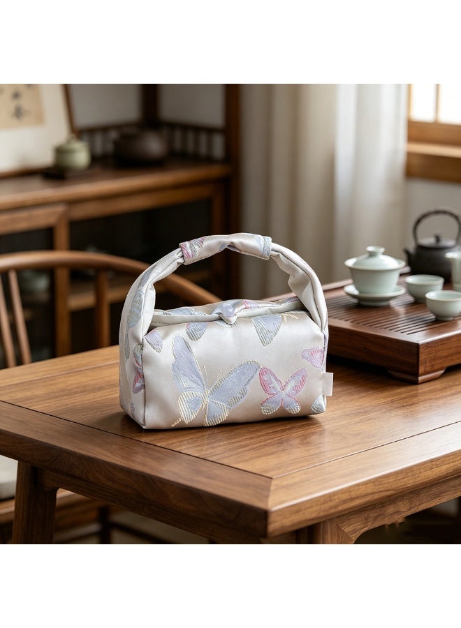 1pc Butterfly Embroidery Outdoor Travel Teapot Storage Bag，Can Accommodate One Teapot And Two Tea Cups，Tow-Layer Protective Cover Multifunctional Organizer Pocket , Reusable, Chinese Style Cloth Bag - Image 1