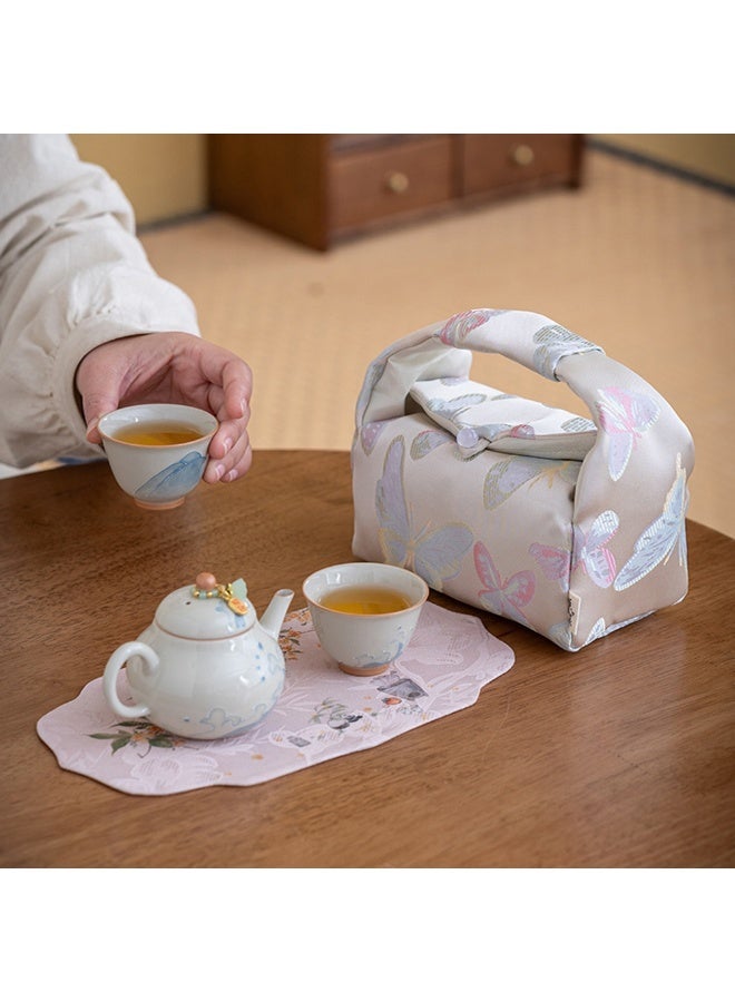 1pc Butterfly Embroidery Outdoor Travel Teapot Storage Bag，Can Accommodate One Teapot And Two Tea Cups，Tow-Layer Protective Cover Multifunctional Organizer Pocket , Reusable, Chinese Style Cloth Bag - Image 5