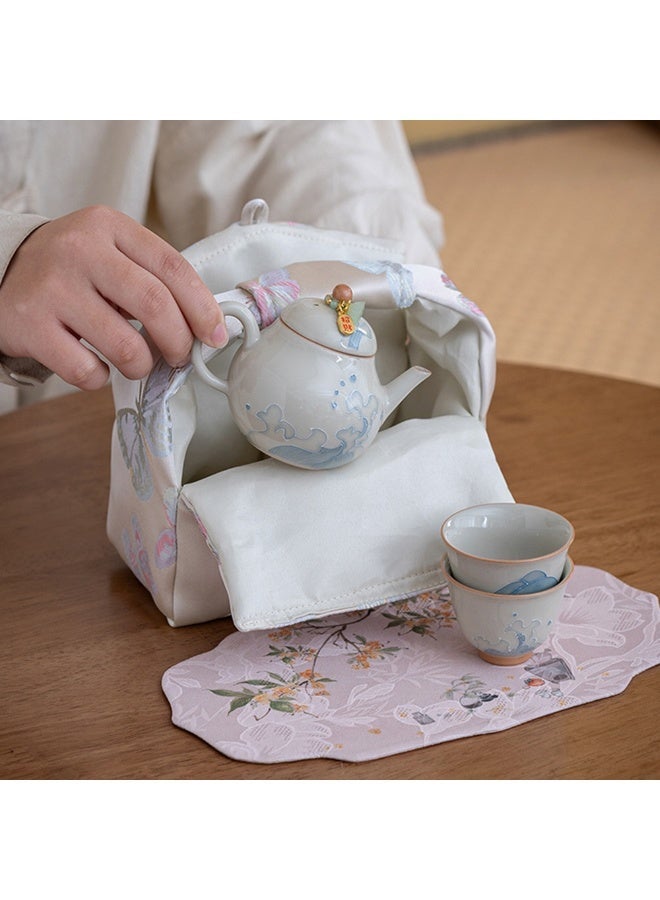 1pc Butterfly Embroidery Outdoor Travel Teapot Storage Bag，Can Accommodate One Teapot And Two Tea Cups，Tow-Layer Protective Cover Multifunctional Organizer Pocket , Reusable, Chinese Style Cloth Bag - Image 4