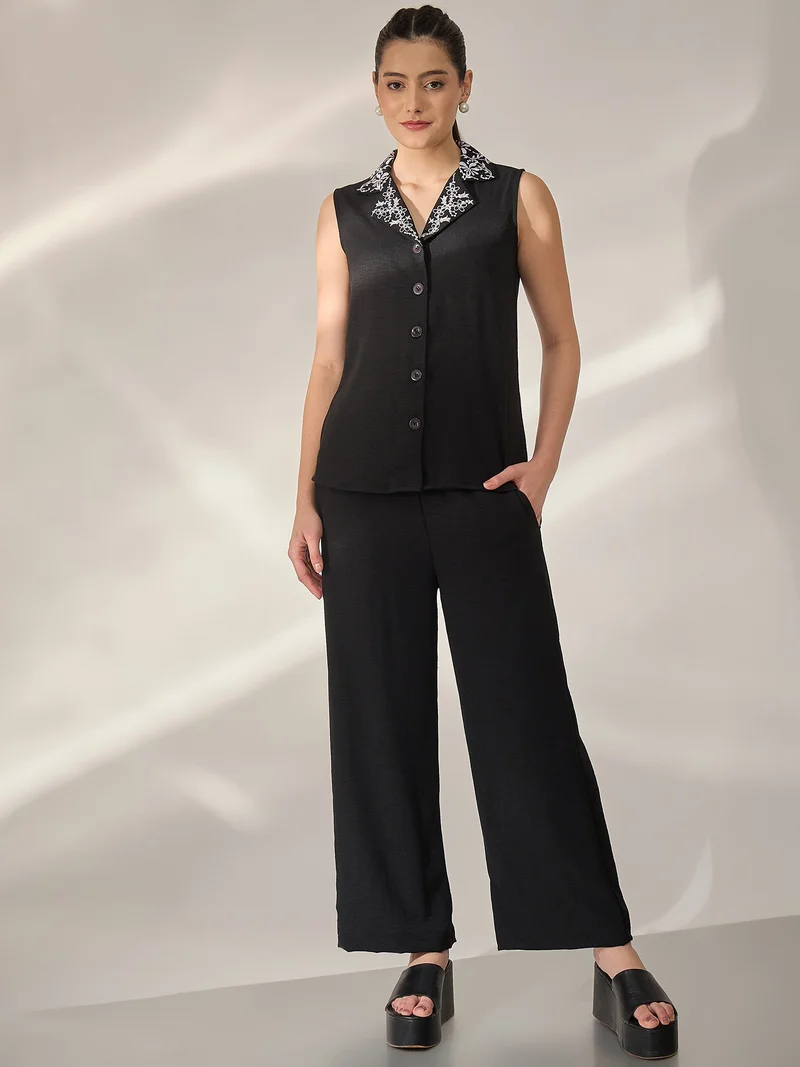 Panit PANIT Embroidered Collared Shirt With Trouser Co-ord Set - Black