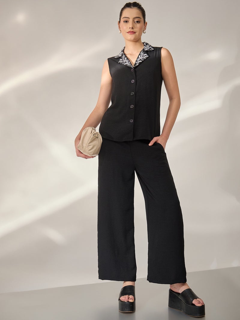 بانيت طقم متناسق (Co-ord Set) قميص مطرَّز بياقة كلاسيكية مع بنطلون - أسود - Image 4