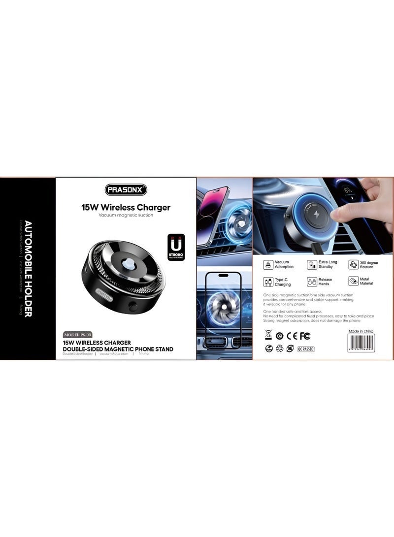 PRASONX Magnetic suction phone holder with 15W wireless charging support and double-sided magnetic phone stand - Image 1