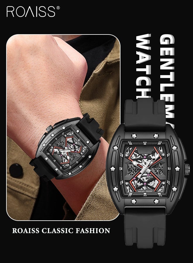 roaiss Men's Silicone Strap Quartz Watch, Analog Display Tonneau Dial with Star Decoration, Luminous Waterproof Trend Sports Wristwatch, as Gift for Men - Image 1