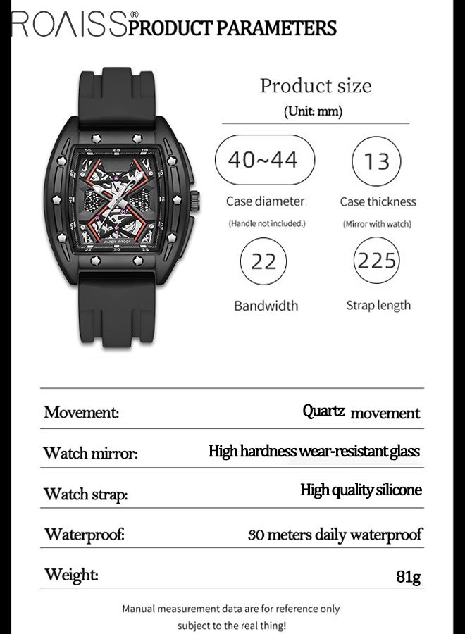 roaiss Men's Silicone Strap Quartz Watch, Analog Display Tonneau Dial with Star Decoration, Luminous Waterproof Trend Sports Wristwatch, as Gift for Men - Image 3