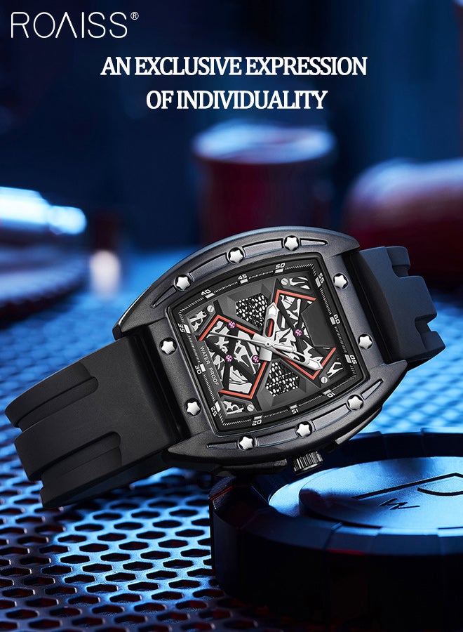 roaiss Men's Silicone Strap Quartz Watch, Analog Display Tonneau Dial with Star Decoration, Luminous Waterproof Trend Sports Wristwatch, as Gift for Men - Image 4