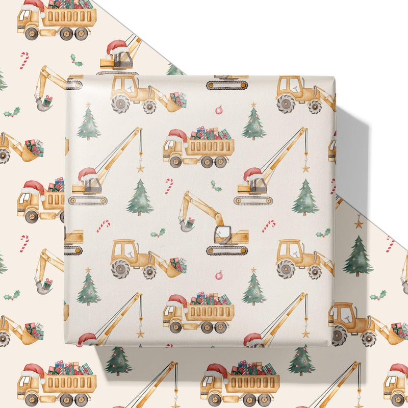 SaringSwoon Construction Christmas Wrapping Paper for Kids Holiday Wrapping Paper with Dump Trucks Cranes Excavators with Santa Hats Gifts Christmas Tree 4028 Inches 4 Folded Sheets
