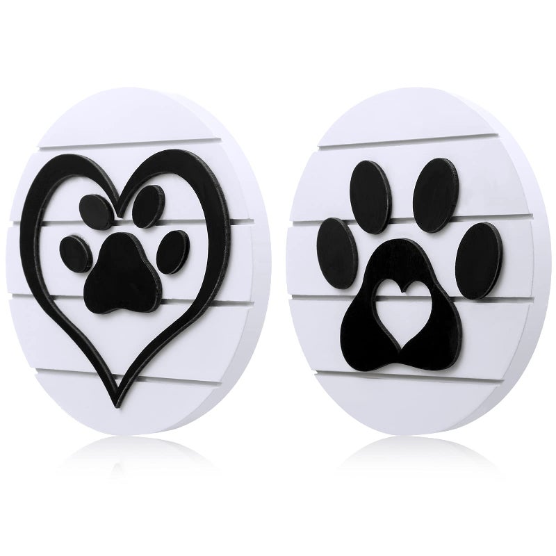 Jetec Jetec 2 Pieces Wooden Paw Sign Pet Print Dog Paw Wood Decor Farmhouse Tiered Tray Decorations Rustic Round Ornaments for Window Sill Table 