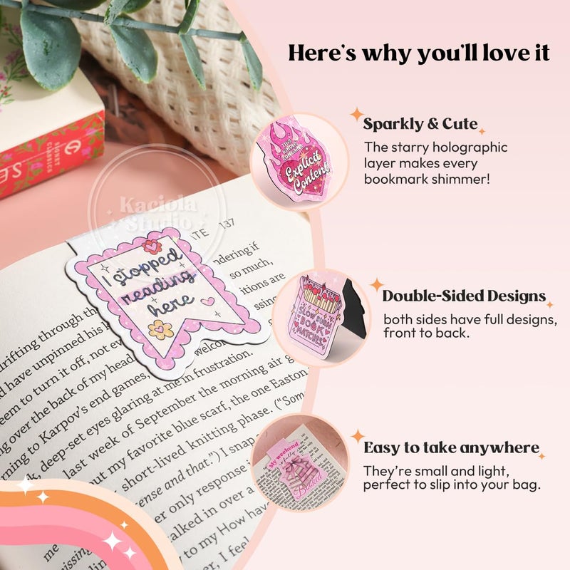 Kaciola Studio 12PCS Glittery Magnetic Bookmarks, Funny Cute Book Marks for Book Lovers Gifts, Bookmark Accessories for Women Teachers Students School Office Home Supplies (Funny) - Image 3