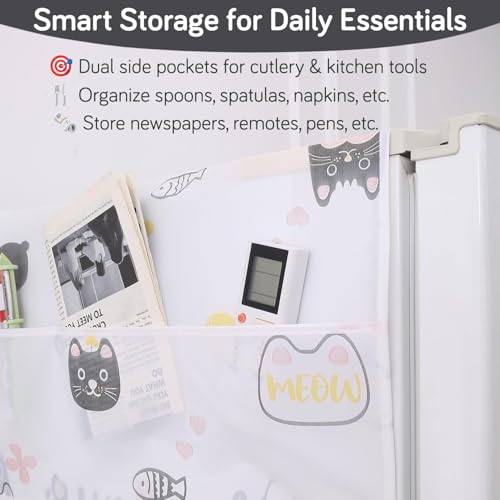 HOKIPO Small Fridge Cover Top | For Smaller Single Door and Smaller Double Door Refrigerator - Waterproof, Printed with 6 Side Pockets, Size Small 130x55 cm,Playful Cats (AR-5875-D6) - Image 3