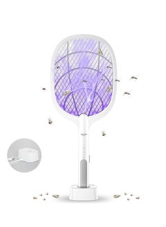 Electric Fly Swatter, 3500V USB Rechargeable Fly Killer Bug Zapper Racket with Charging Base, Home and Outdoor Mosquito Killer with LED Light for Mosquitoes, Flies, Bees, Moths (White)