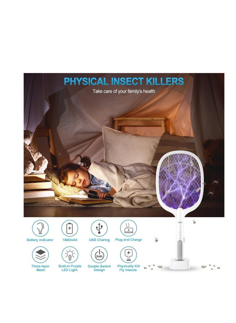 Generic - Electric Fly Swatter, 3500V USB Rechargeable Fly Killer Bug Zapper Racket with Charging Base, Home and Outdoor Mosquito Killer with LED Light for Mosquitoes, Flies, Bees, Moths (White) - Image 1