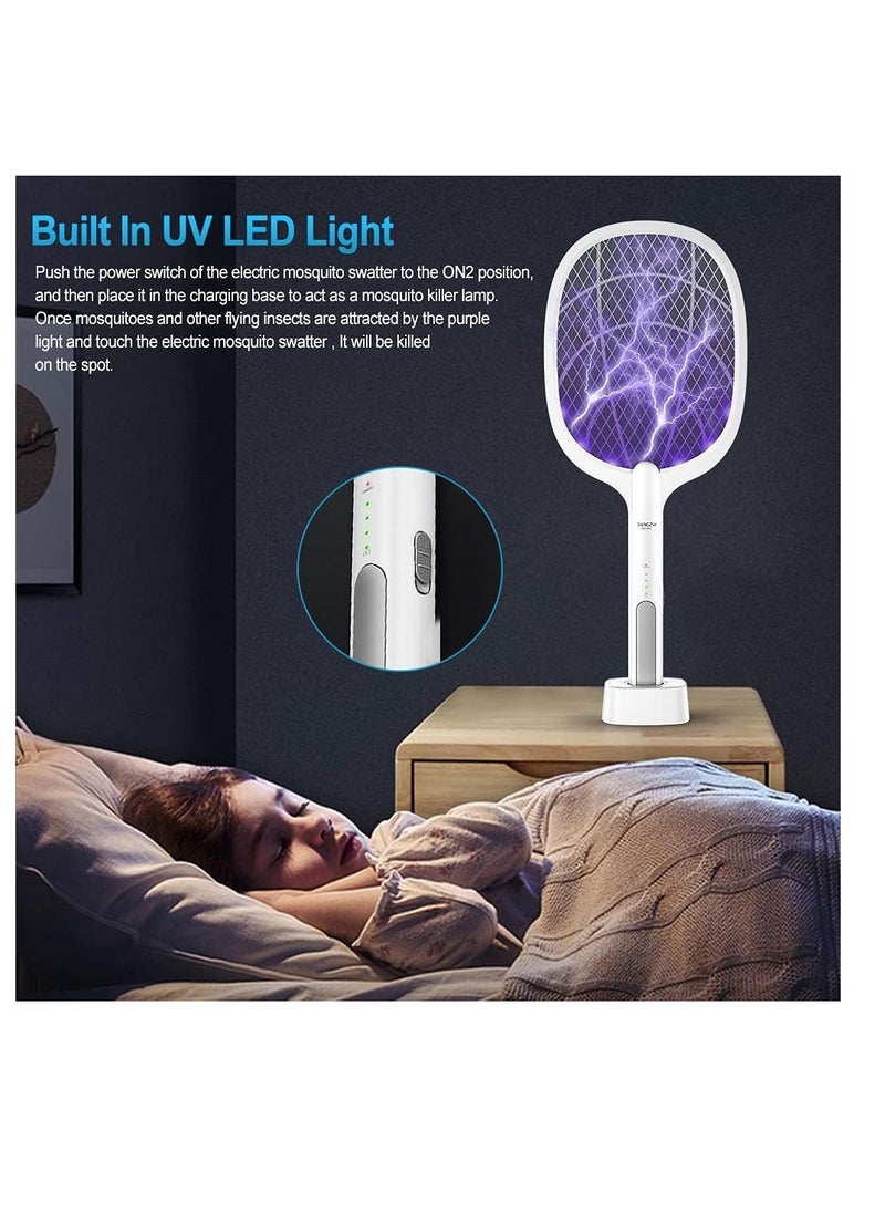 Generic - Electric Fly Swatter, 3500V USB Rechargeable Fly Killer Bug Zapper Racket with Charging Base, Home and Outdoor Mosquito Killer with LED Light for Mosquitoes, Flies, Bees, Moths (White) - Image 1