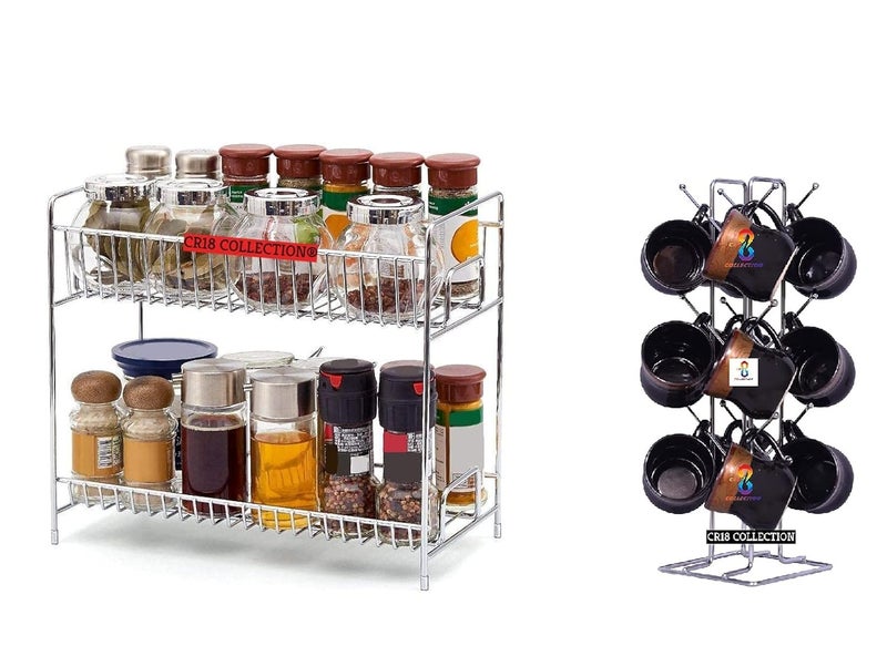 CR18 COLLECTION Combo Stainless Steel Heavy Built Strong 2 Layer Spice RackFruit Vegetable Rack 12 Cup Holder Combo Racks and 12 Cup Holder Stand - Image 1