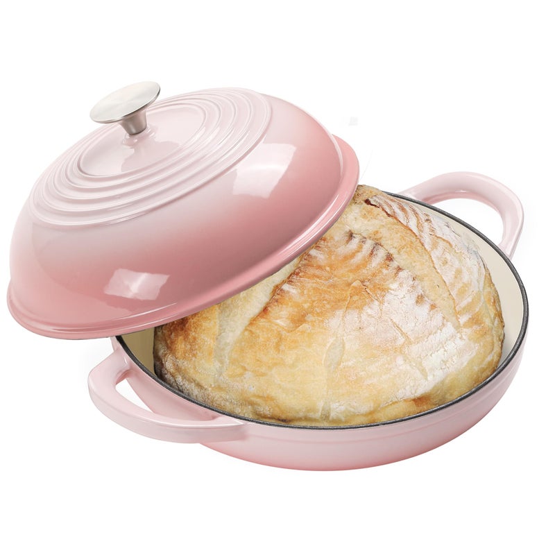 NSIRONS Enameled Round Cast Iron Bread Oven, 6 Qt Cast Iron Dutch Oven for Homemade Sourdough Bread Baking, Bread Dome Pot with Cloche Lid (Gradient Pink) - Image 1