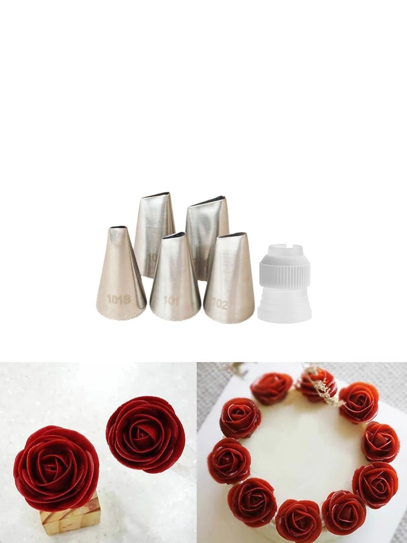 Petal Piping Tips Set with Coupler101s101102103104 Rose Icing Flower Tip for Small RosesPetalsRufflesBowsPansies Standard Coupler for Switching