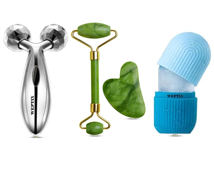 WEPTIX® (FREE) Face ice roller,3D Manual Roller Face Body Massager With And Anti Aging 100% Natural Jade Stone Roller Msagger With Gua Sha Tools for Face and Body Massager - Image 1