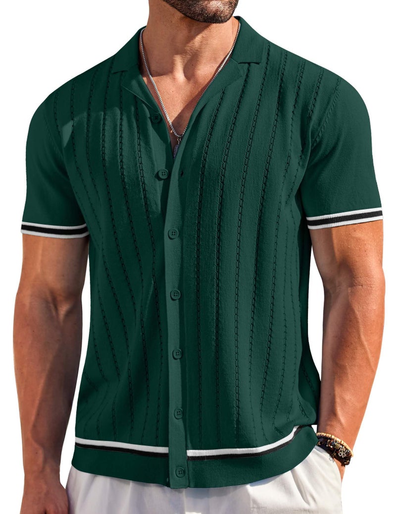 COOFANDY Beach Shirts for Men Button Up Shirt Short Sleeve Knit Shirts Fashion Summer Vacation Top Shirts Lake Green - Image 2