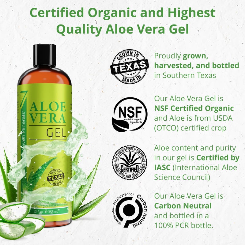 Seven Minerals Organic Aloe Vera Gel from freshly cut 100% Pure Aloe - Big 12oz - HighestQuality, Texas grown, Vegan, Unscented - For Face, Skin, Hair, Sunburn relief - Image 2