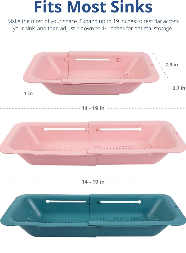 أونليماي فقط عبوتان من سلة مصفاة فوق الحوض - لغسل الخضراوات والفواكه، وتصفية المعكرونة المطبوخة وتجفيف الأطباق - قابلة للتمديد - أساسيات المطبخ المنزلية الجديدة (وردي أخضر) (7.9 عرض × 14.5-19.5 طول × 2.75 ارتفاع) - Image 2