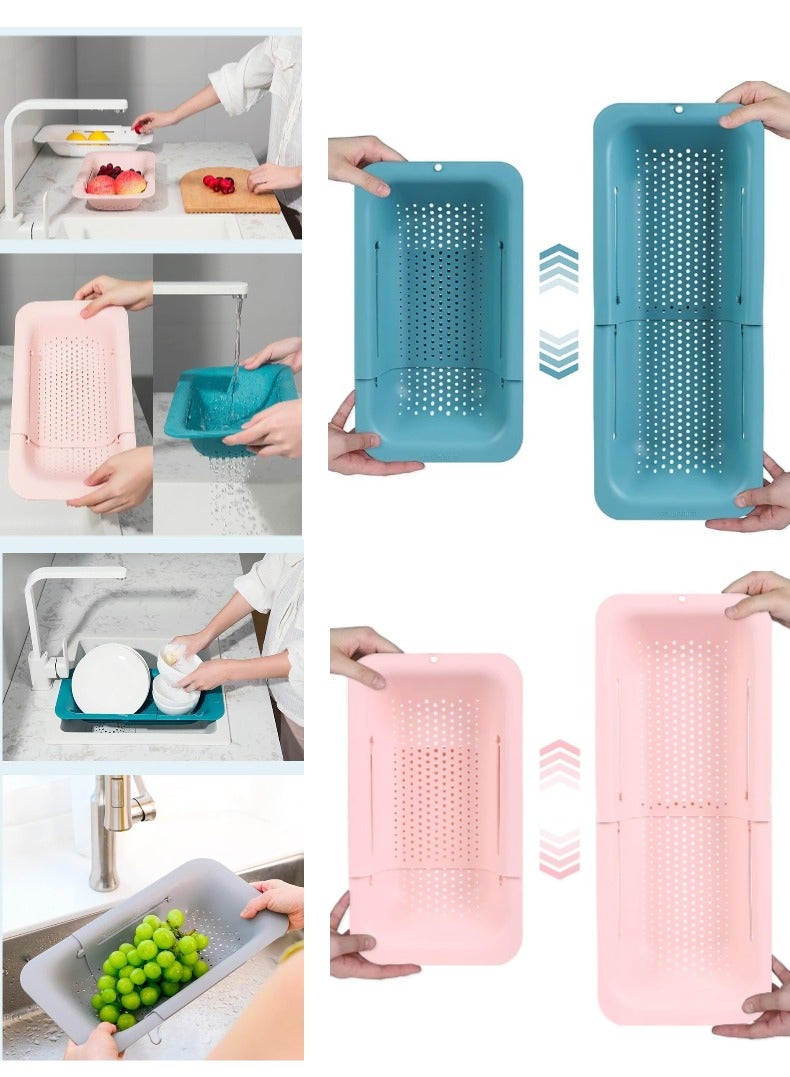 أونليماي فقط عبوتان من سلة مصفاة فوق الحوض - لغسل الخضراوات والفواكه، وتصفية المعكرونة المطبوخة وتجفيف الأطباق - قابلة للتمديد - أساسيات المطبخ المنزلية الجديدة (وردي أخضر) (7.9 عرض × 14.5-19.5 طول × 2.75 ارتفاع) - Image 1