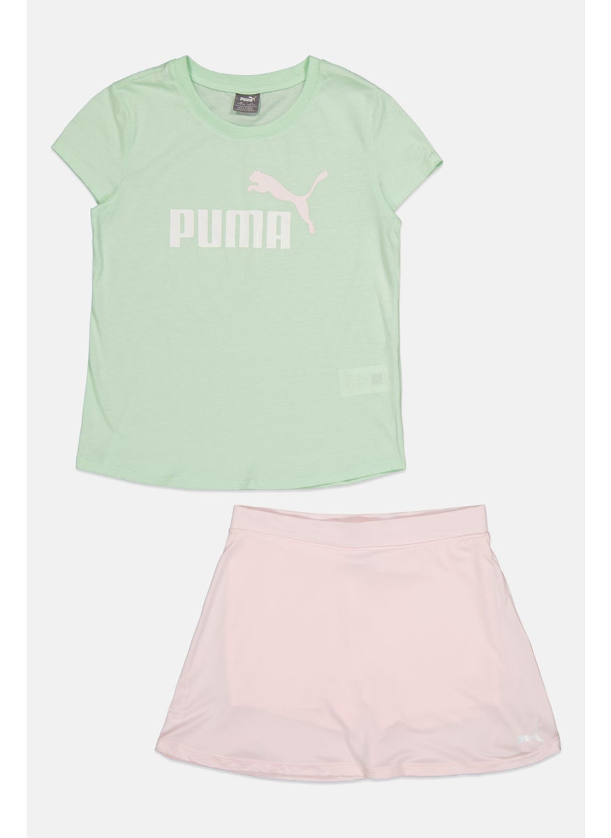 PUMA Kid Girl 2 Pieces Graphic Print Top And Shorts,  Pink/Green  - Image 1
