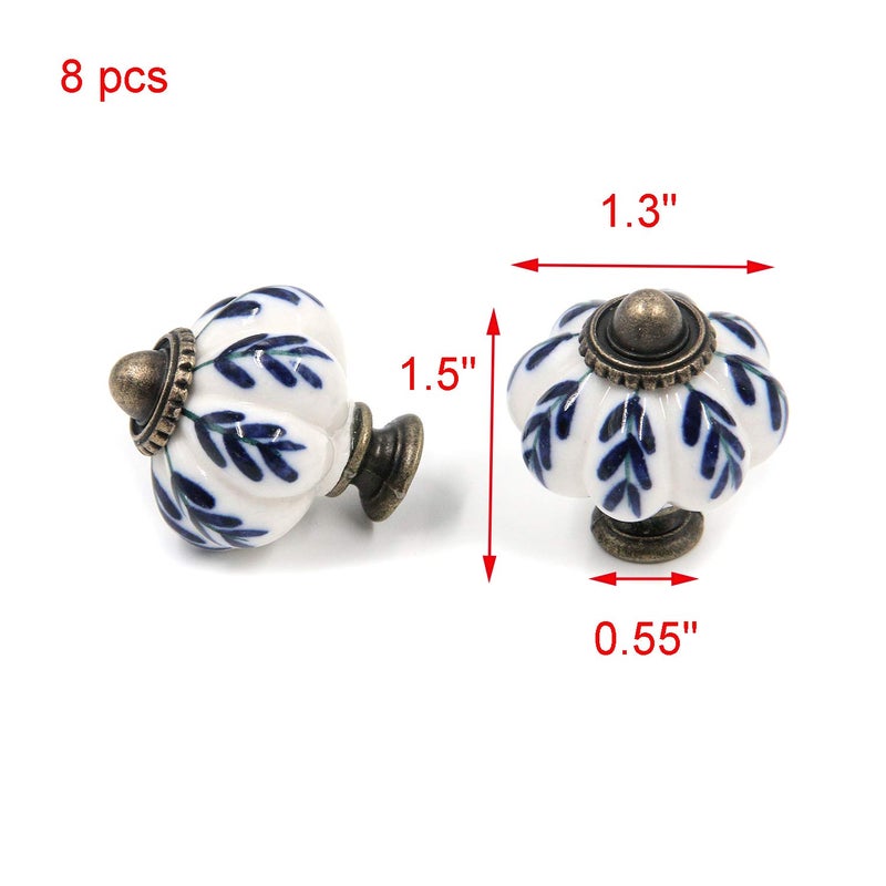 Geesatis 8 Pcs Pumpkin Ceramic Knobs Vintage Leaf Pattern Round Handle Knobs Retro Style Drawer Dresser Cabinet Pull, With Mounting Screws, 1.3 Inch Diameter, Blue & White - Image 2