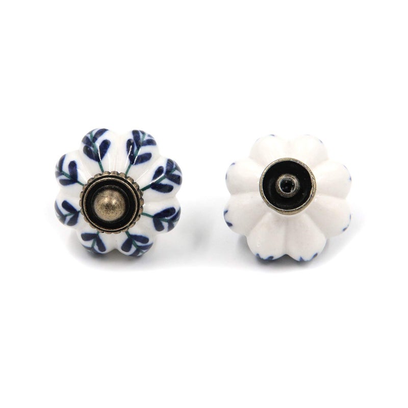 Geesatis 8 Pcs Pumpkin Ceramic Knobs Vintage Leaf Pattern Round Handle Knobs Retro Style Drawer Dresser Cabinet Pull, With Mounting Screws, 1.3 Inch Diameter, Blue & White - Image 3
