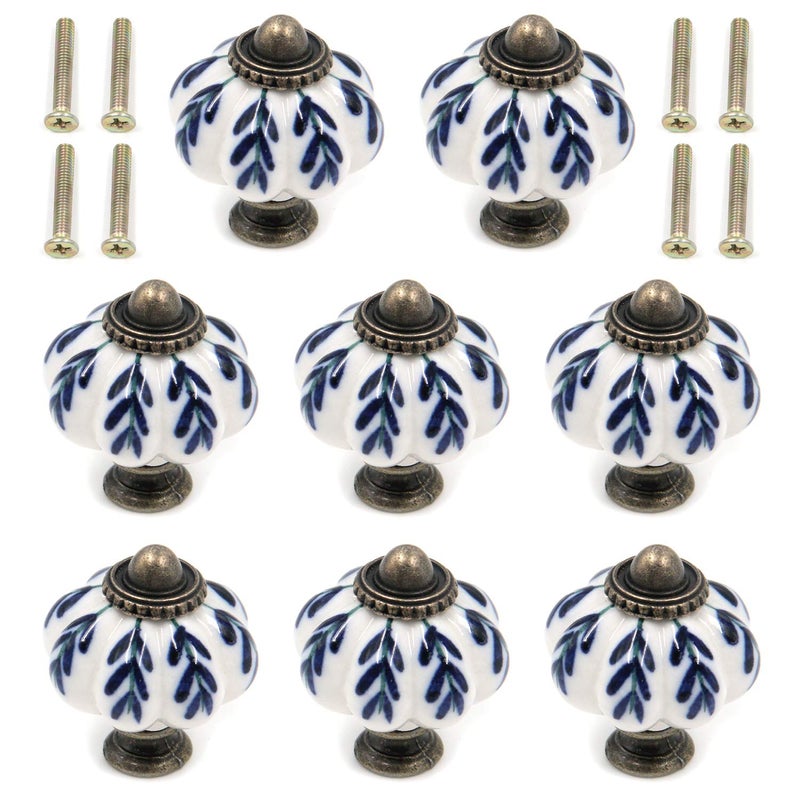 Geesatis 8 Pcs Pumpkin Ceramic Knobs Vintage Leaf Pattern Round Handle Knobs Retro Style Drawer Dresser Cabinet Pull, With Mounting Screws, 1.3 Inch Diameter, Blue & White - Image 1