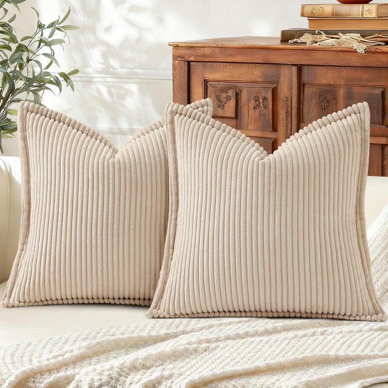Mecatny Corduroy Throw Pillow Covers 18x18 Set of 2, Neutral Decorative Soft Boho Couch Pillow Covers with Broadside for Sofa Living Room, Beige - Image 1
