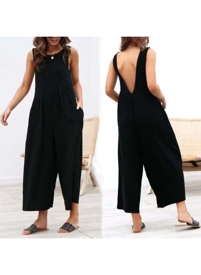 Barbora Linen Summer Casual Backless Casual Women's Jumpsuit LN212SIYAH11 - Image 3