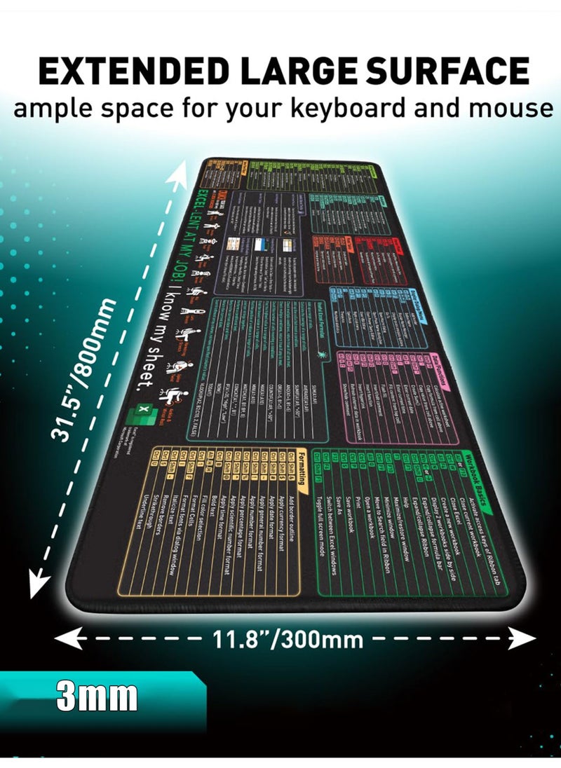 Excel Quick Keyboard and Mouse Pad - Extended Large XL Cheat Sheet Game mouse Pad | PC Office Spreadsheet Keyboard Pad | Anti-slip seam edge (800*300*3mm)