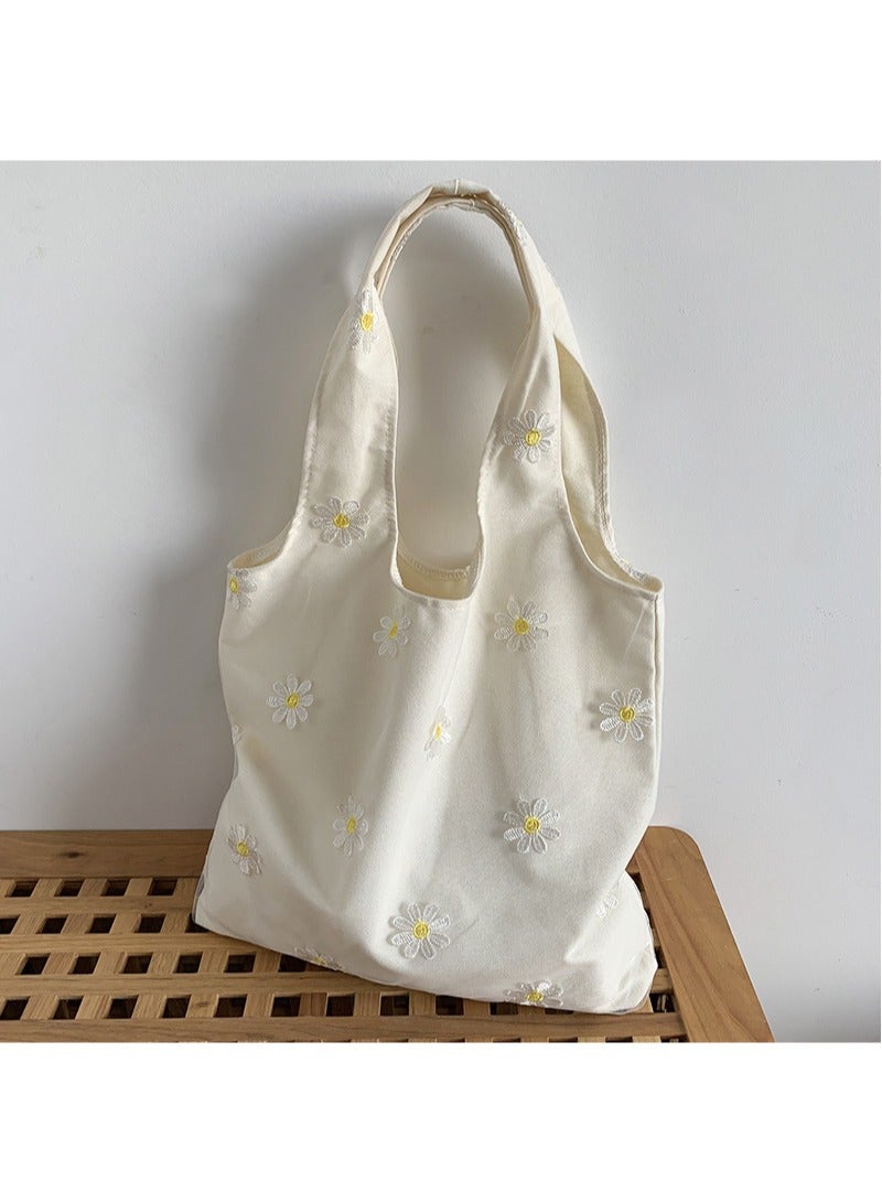 Women's Shoulder Tote Bag Canvas Handbag For Women Large Capacity Bucket Bag Fashionable Travel Messenger Shoulder Bag for Ladies Girls College Students White flower - Image 1