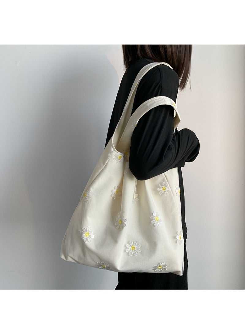 Women's Shoulder Tote Bag Canvas Handbag For Women Large Capacity Bucket Bag Fashionable Travel Messenger Shoulder Bag for Ladies Girls College Students White flower - Image 2