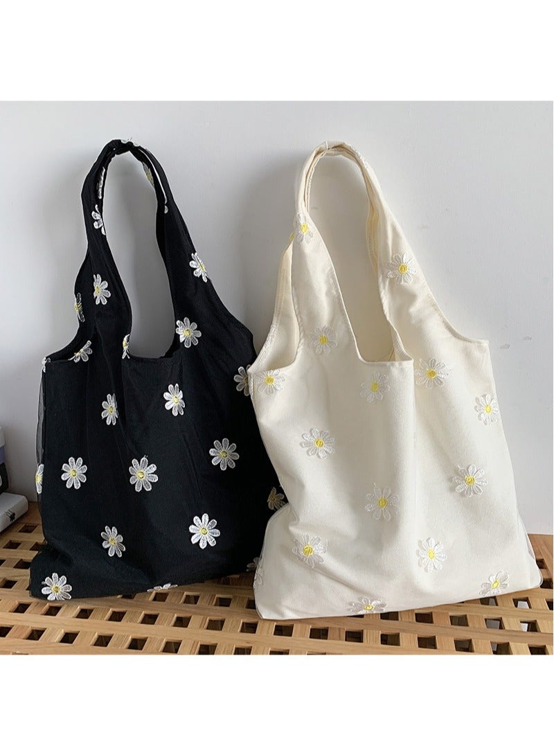 Women's Shoulder Tote Bag Canvas Handbag For Women Large Capacity Bucket Bag Fashionable Travel Messenger Shoulder Bag for Ladies Girls College Students White flower - Image 4