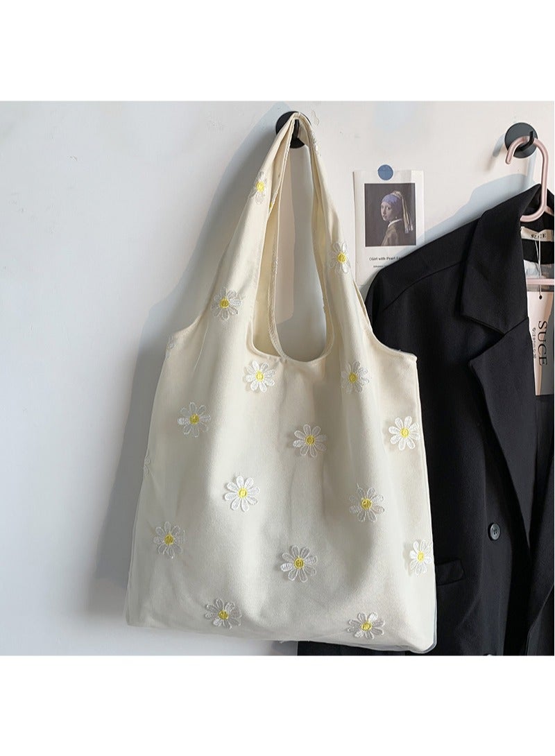 Women's Shoulder Tote Bag Canvas Handbag For Women Large Capacity Bucket Bag Fashionable Travel Messenger Shoulder Bag for Ladies Girls College Students White flower - Image 5