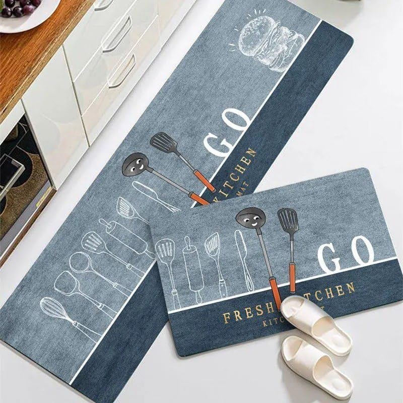 Foxelli Kitchen Mat Kitchen Mat With Runner Kitchen Tools Printed Thick AntiSlip Washable Creative Cooking Carpet Kitchen Mat 3d Printed Kitchen Mat Floor Mat Runner NonSlip Machine Washable Blue - Image 1