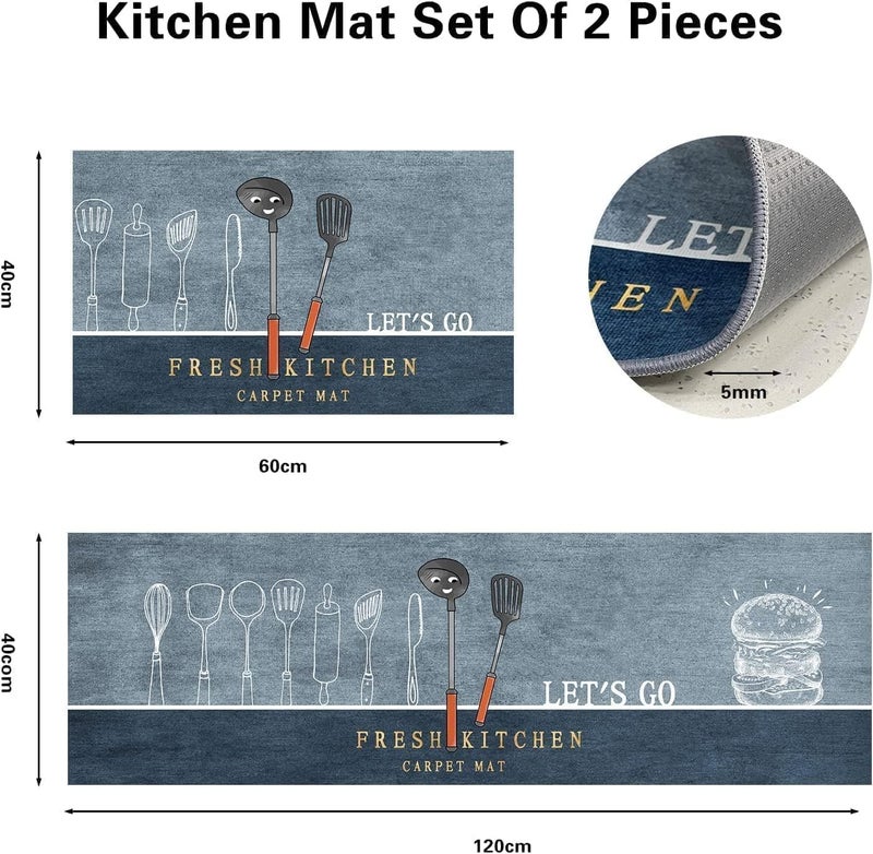 Foxelli Kitchen Mat Kitchen Mat With Runner Kitchen Tools Printed Thick AntiSlip Washable Creative Cooking Carpet Kitchen Mat 3d Printed Kitchen Mat Floor Mat Runner NonSlip Machine Washable Blue - Image 2