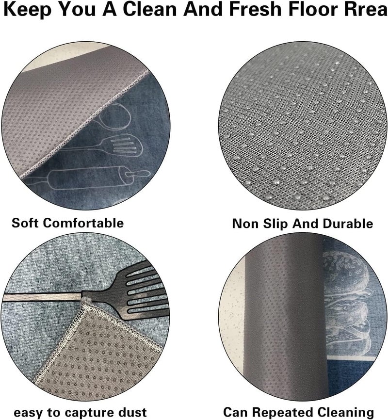 Foxelli Kitchen Mat Kitchen Mat With Runner Kitchen Tools Printed Thick AntiSlip Washable Creative Cooking Carpet Kitchen Mat 3d Printed Kitchen Mat Floor Mat Runner NonSlip Machine Washable Blue - Image 3