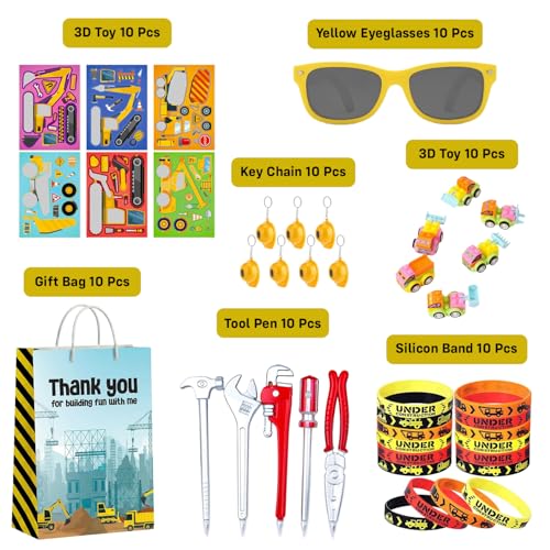 Party Propz Construction Theme Birthday Return Gifts for Kids - 70 Pcs,3D Toys,Tool Pen,Key Chain,Eyeglasses,Slap Bands, Gift Bag, Construction Theme Decoration, Birthday Return Gift for Kids 6-12 - Image 2