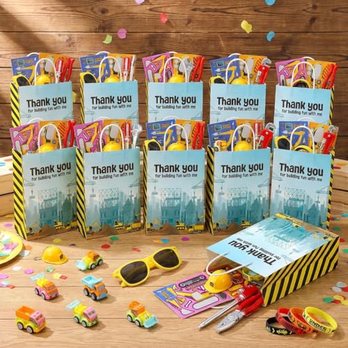Party Propz Construction Theme Birthday Return Gifts for Kids - 70 Pcs,3D Toys,Tool Pen,Key Chain,Eyeglasses,Slap Bands, Gift Bag, Construction Theme Decoration, Birthday Return Gift for Kids 6-12 - Image 1