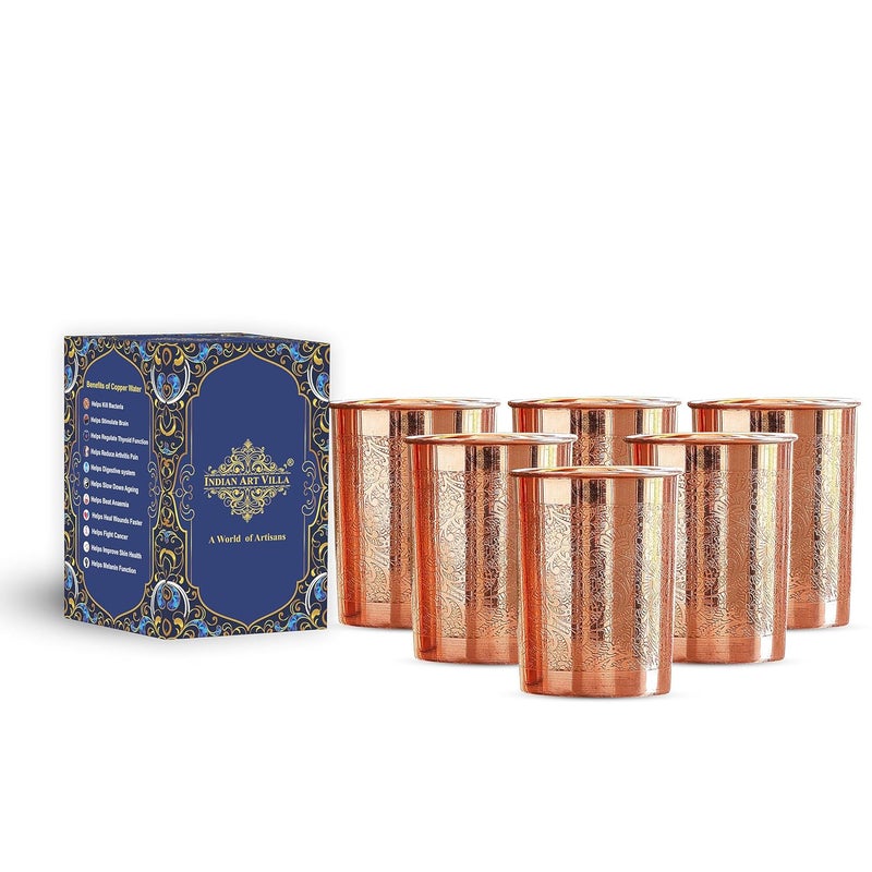 INDIAN ART VILLA INDIAN ART VILLA Pure Copper Embossed Design Glass 275 ML Copper Tumbler for Water Drinking Elegant Drinkware Serveware Perfect for Gifting Home and Festive Dcor Set of 6 - Image 1