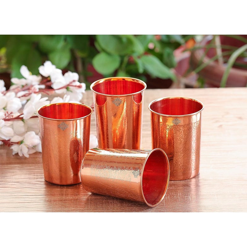 INDIAN ART VILLA INDIAN ART VILLA Pure Copper Embossed Design Glass 275 ML Copper Tumbler for Water Drinking Elegant Drinkware Serveware Perfect for Gifting Home and Festive Dcor Set of 6 - Image 3