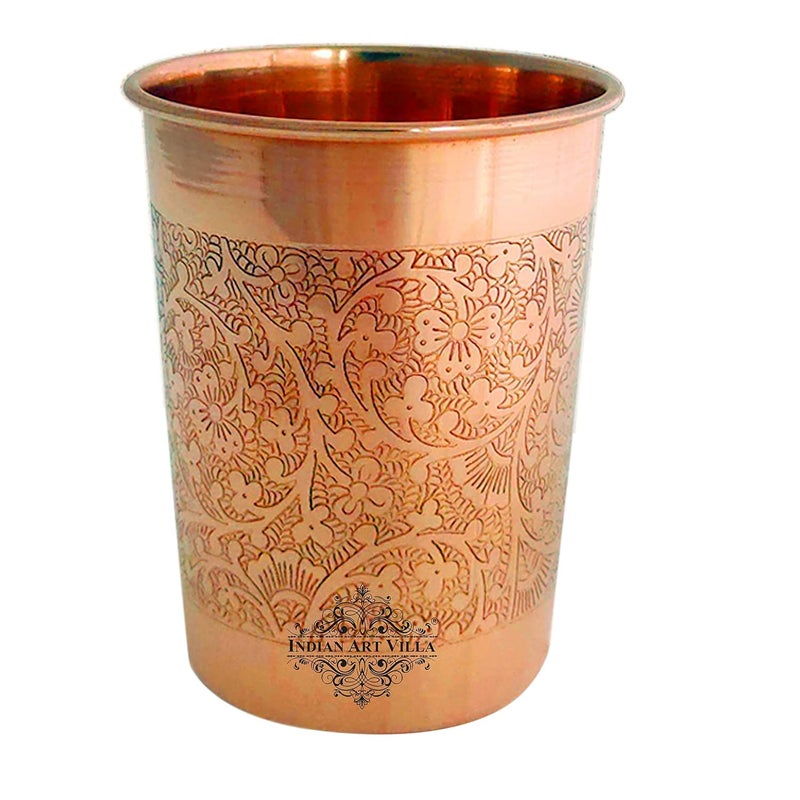 INDIAN ART VILLA INDIAN ART VILLA Pure Copper Embossed Design Glass 275 ML Copper Tumbler for Water Drinking Elegant Drinkware Serveware Perfect for Gifting Home and Festive Dcor Set of 6 - Image 4