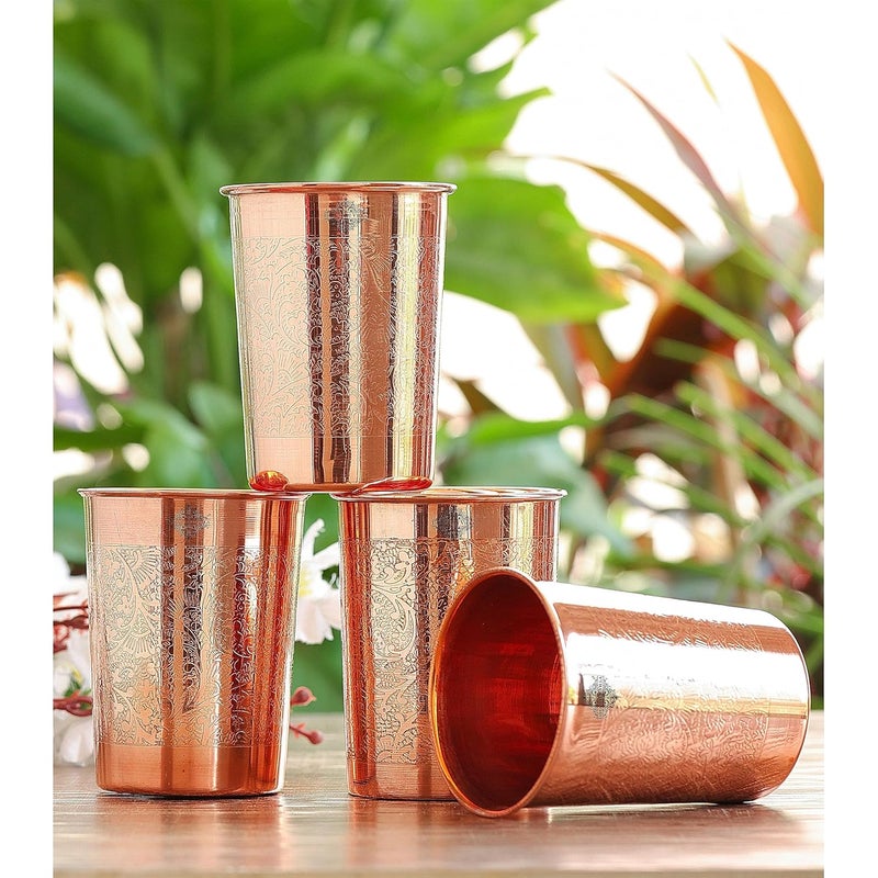 INDIAN ART VILLA INDIAN ART VILLA Pure Copper Embossed Design Glass 275 ML Copper Tumbler for Water Drinking Elegant Drinkware Serveware Perfect for Gifting Home and Festive Dcor Set of 6 - Image 2