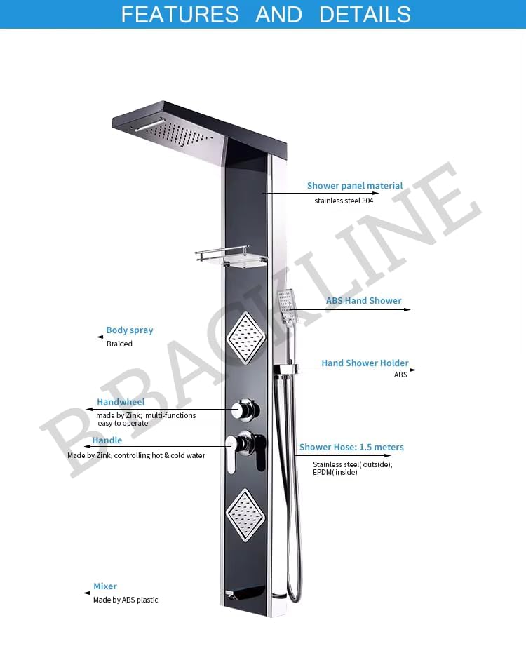 B Backline Shower Panel for Bathroom Full Set | 5 Function Shower System | Hot & Cold Water Adjustable | Hand Shower | Body Spray | Water Spout | Shower Panel For Bathroom (Black Chrome Glossy) - Image 3