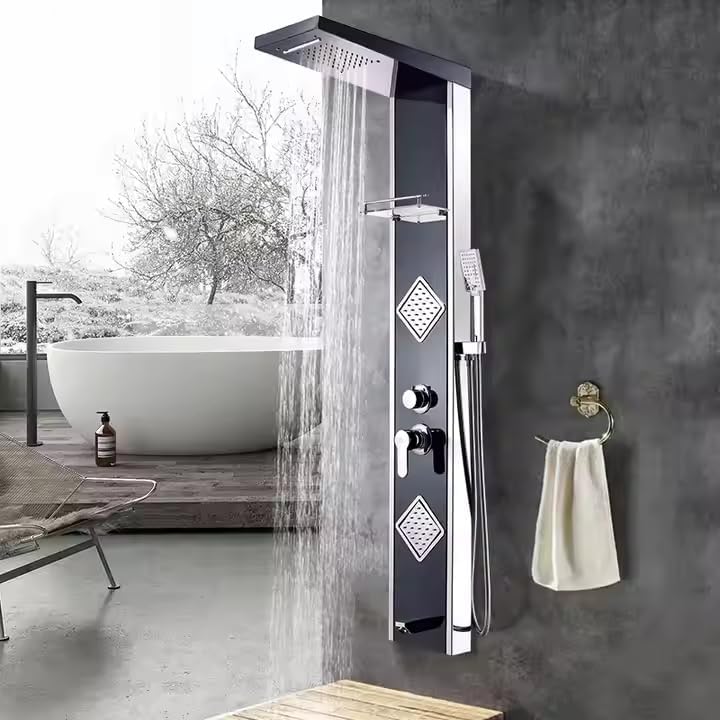 B Backline Shower Panel for Bathroom Full Set | 5 Function Shower System | Hot & Cold Water Adjustable | Hand Shower | Body Spray | Water Spout | Shower Panel For Bathroom (Black Chrome Glossy) - Image 1