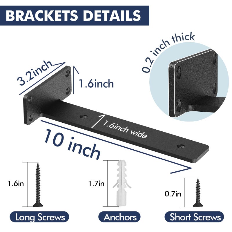 Starunder 6 Pack Floating Shelf Brackets, 10 inch Heavy Duty Industrial Shelf Bracket, Black Metal L Brackets for Shelves Support DIY(1/5 Inch Thicked) - Image 5
