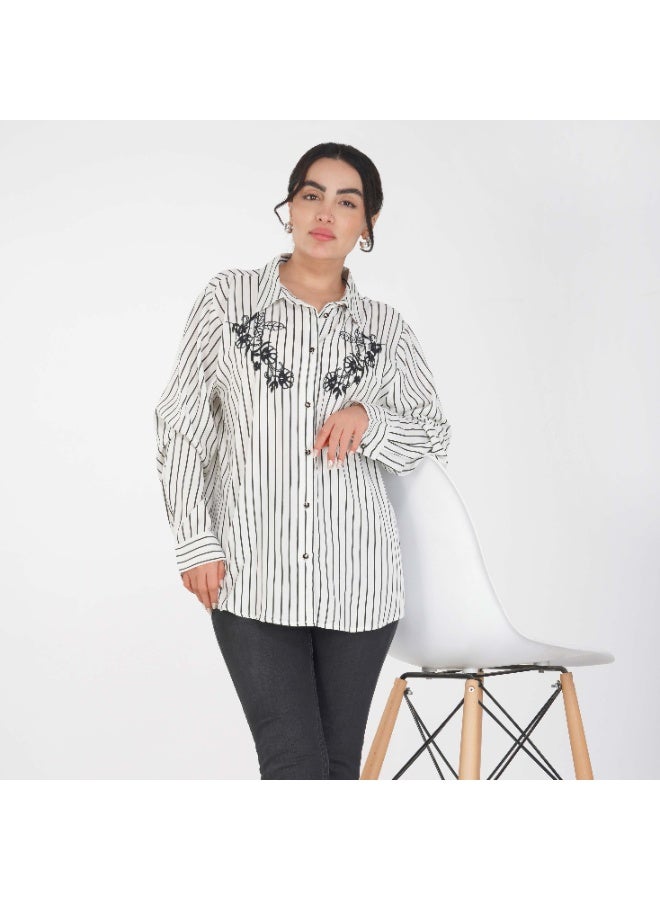 Linelle Soft Crepe Ladies Shirt – Collar Neck, Full Sleeves and Floral Embroidery - Image 1