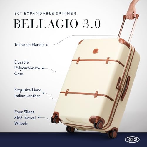 Bric's Brics Bellagio 30 Spinner Trunk Luxury Hardshell Check In Luggage with Large Wheels Telescopic Handle Leather Detailing Expandable Rolling Suitcase 30 Cream - Image 3