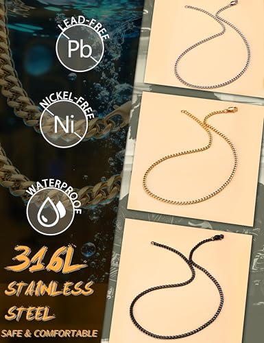 Jstyle 3 Pcs Cuban Link Chain for Men Women 316L Stainless Steel Chain Necklace 3.5mm Non Tarnish Necklaces Black Silver Gold Tone Chains 20 Inch - Image 2